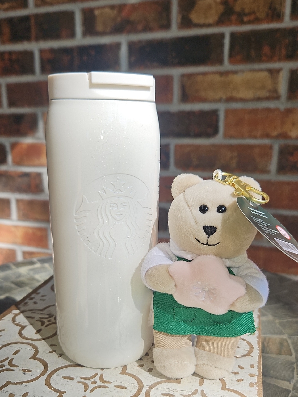 BUNDLE Starbucks White Shimmer 12 Oz Tumbler & Bearista Collection Keychain
